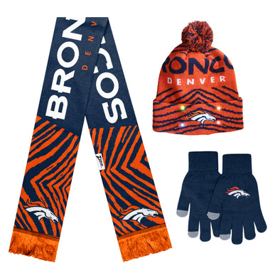 FOCO X Zubaz NFL Collab 3 Pack Glove Scarf & Hat Outdoor Winter Set, Denver Broncos