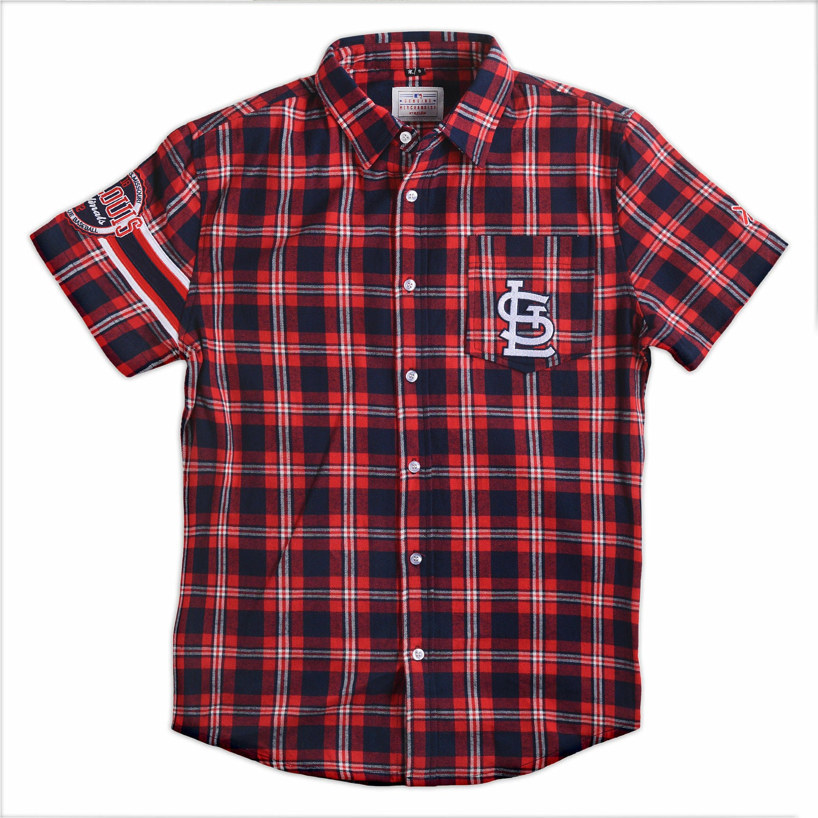 Klew MLB St. Louis Cardinals Wordmark Flannel Short Sleeve Button-Up Shirt, Red, Small