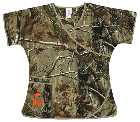 Fabrique Innovations NFL Women's Cleveland Browns Camo Wrap Logo Scrub Top