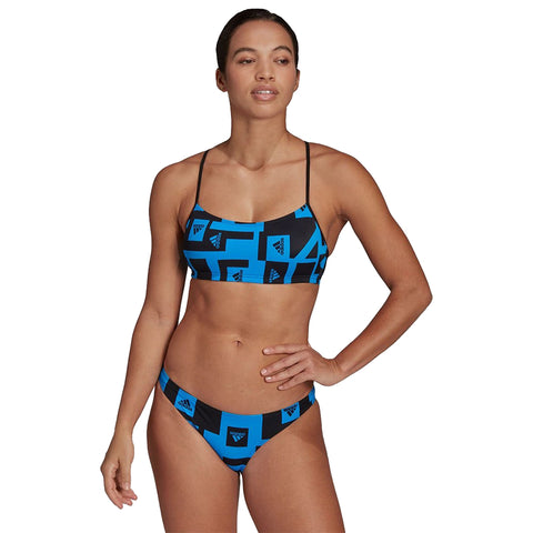 Adidas Women's Bars AOP Bikini Swimsuit Set, Blue Rush/Black