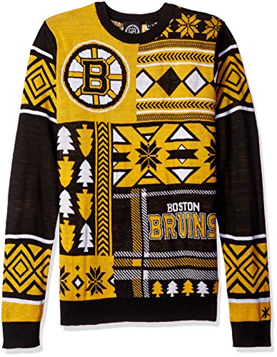 Klew NHL Men's Boston Bruins Patches Ugly Sweater, Black/Yellow