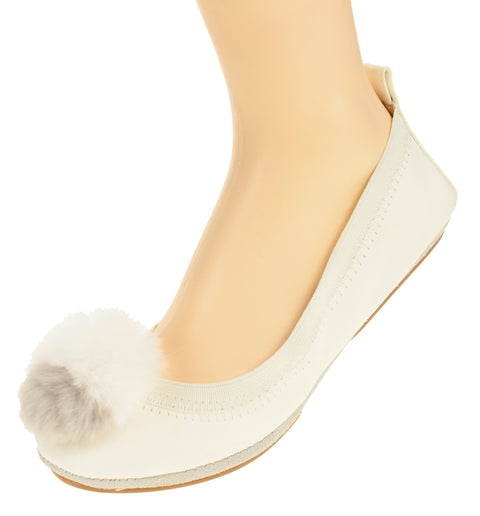 Yosi Samra Women's Samara Pom Pom Ballet Flat, Whisper White/Light Grey