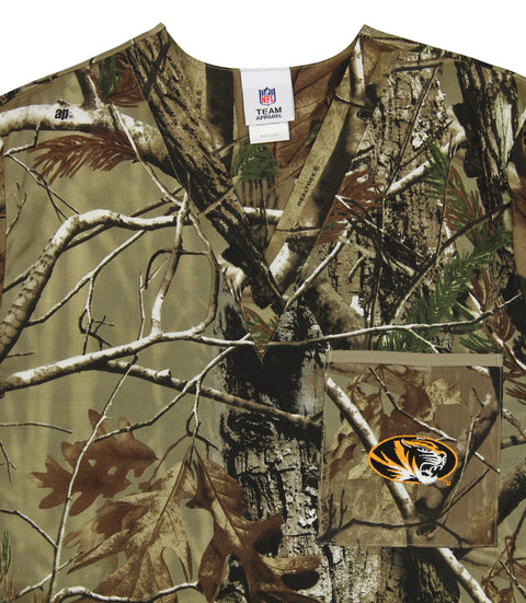 Fabrique Innovations NCAA Unisex Missouri Tigers Camo Team Logo Scrub Top