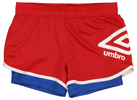 Umbro Girls' Youth (4-14) 2 in 1 Mesh Knit Soccer Training Shorts, Vermillion/TW Royal