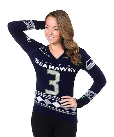 Klew NFL Women's Seattle Seahawks Russell Wilson #3 Glitter Player Sweater