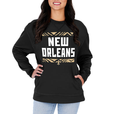 Zubaz NFL Women's New Orleans Saints Team Color & Slogan Crewneck Sweartshirt