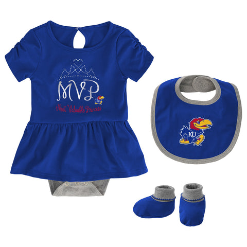 Outerstuff NCAA Infant Girls Kansas Jayhawks MVP Creeper, Bib & Bootie Set