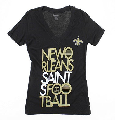 Reebok NFL Women's New Orleans Saints Deep V-Neck Football Tee Shirt - Black