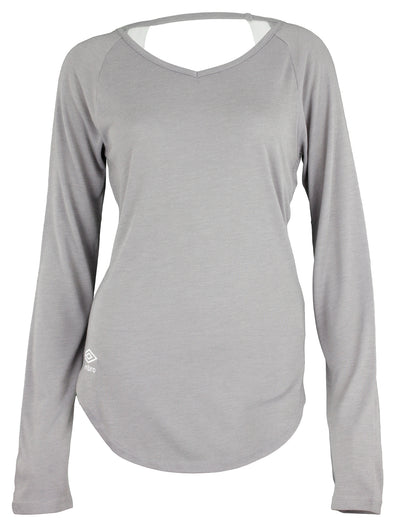 Umbro Women's Open Back Long Sleeve V-Neck Top, Medium Grey Heather/Black Beauty