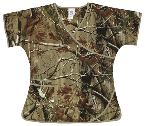Fabrique Innovations NFL Women's New Orleans Saints Camo Wrap Logo Scrub Top