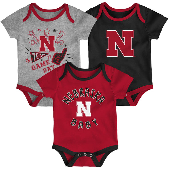 Outerstuff Nebraska Cornhuskers NCAA Infant Champs 3-Piece Creeper Set, Scarlet/Black/Grey