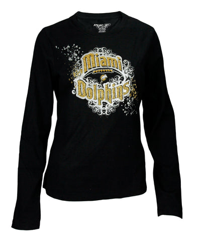 Reebok Womens NFL Football Glittered Miami Dolphins Long Sleeve Shirt, Black