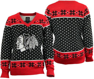 Team Beans NHL Women's Chicago Blackhawks Ugly Holiday Sweater, Black-Red