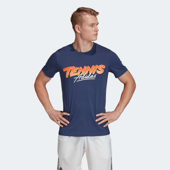 Adidas Men's Tennis Script Tee Shirt, Tech Indigo