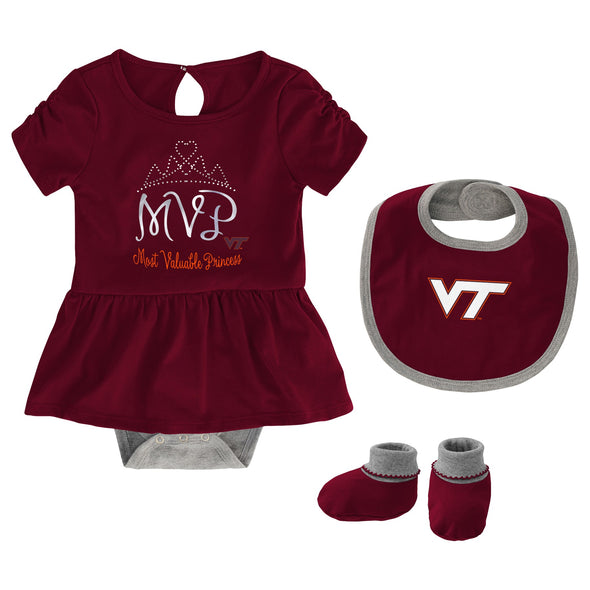 Outerstuff NCAA Infant Girls Virginia Tech Hokies MVP Creeper, Bib & Bootie Set