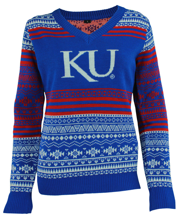 FOCO NCAA Women's Kansas Jayhawks Big Logo Aztec V-Neck Sweater