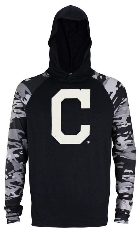 Zubaz MLB Men's Cleveland Indians Solid Black Tonal Camo Sleeves Hooded Shirt