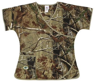 Fabrique Innovations NFL Women's Green Bay Packers Camo Wrap Logo Scrub Top