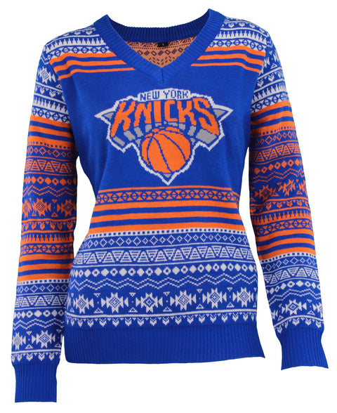 FOCO NBA Women's New York Knicks Big Logo Aztec V-Neck Sweater