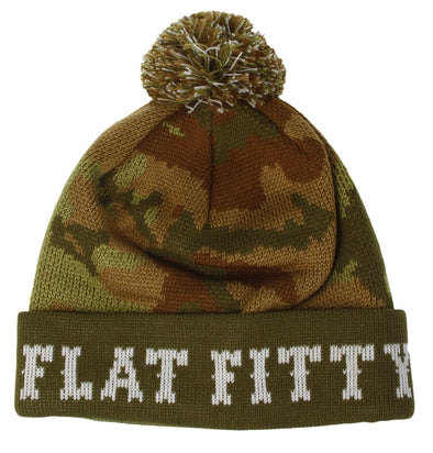 Flat Fitty Cuff Camo Pom Pom Winter Knitted Beanie Cap Hat, Olive Camo