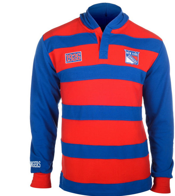 KLEW NHL Men's New York Rangers Striped Rugby Pullover Hoodie, Blue / Red