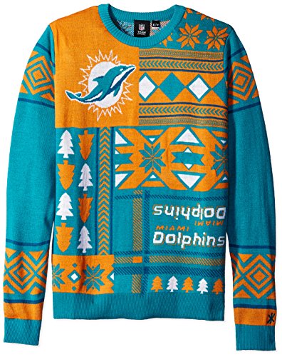 Klew NFL Men's Miami Dolphins Patches Ugly Sweater, Green