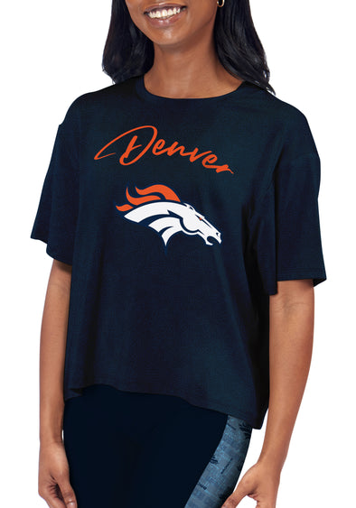 Certo By Northwest Women's NFL Denver Broncos Turnout Cropped T-Shirt, Navy