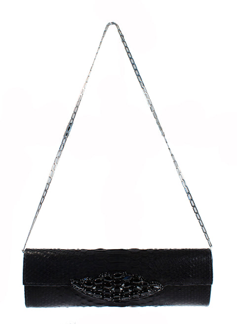 Carlos Falchi Jeweled Python Snake Clutch Shoulder Purse - Black