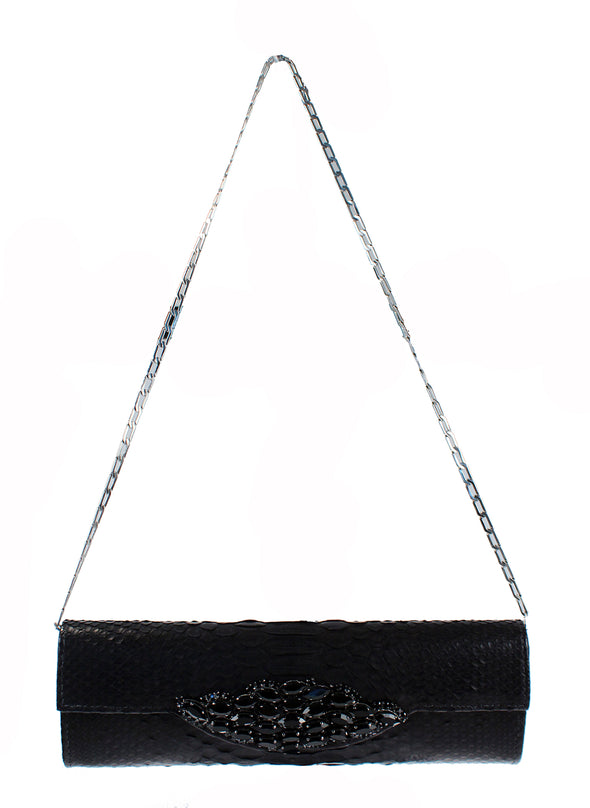 Carlos Falchi Jeweled Python Snake Clutch Shoulder Purse - Black