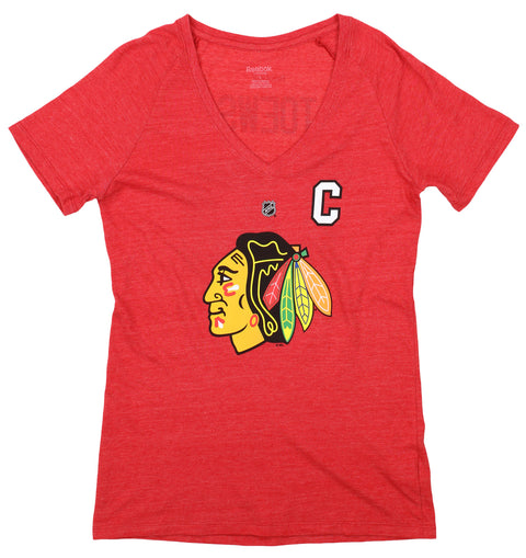 Reebok NHL Womens Chicago Blackhawks Jonathan Toews #19  Tri-Blend Short Sleeve V-Neck Tee, Red