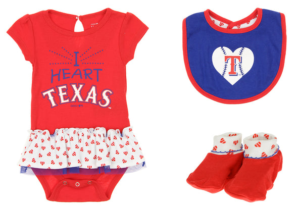Outerstuff MLB Infant Texas Rangers Play With Heart Creeper, Bib & Bootie Set