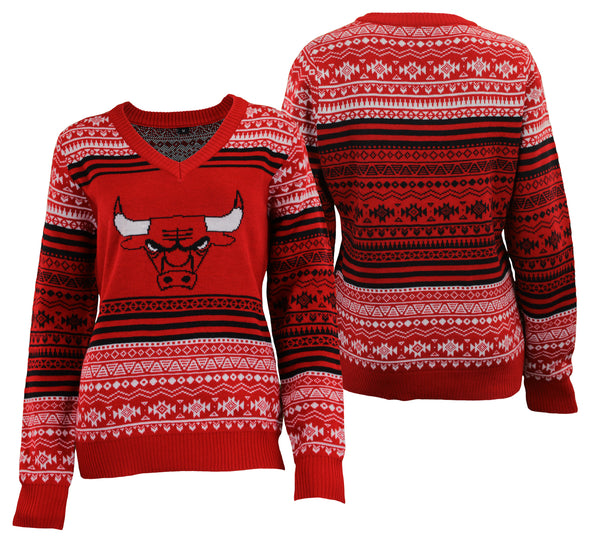 Forever Collectibles NBA Women's Chicago Bulls Big Logo Aztec V-Neck Sweater