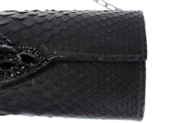 Carlos Falchi Jeweled Python Snake Clutch Shoulder Purse - Black