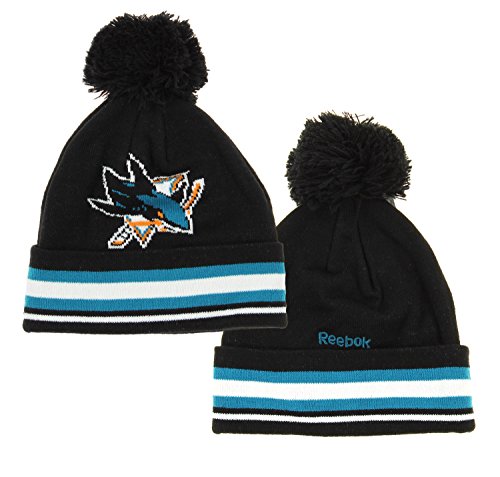 NHL Reebok San Jose Sharks Youth Face Off Cuffed Knit Winter Hat With Pom, Black