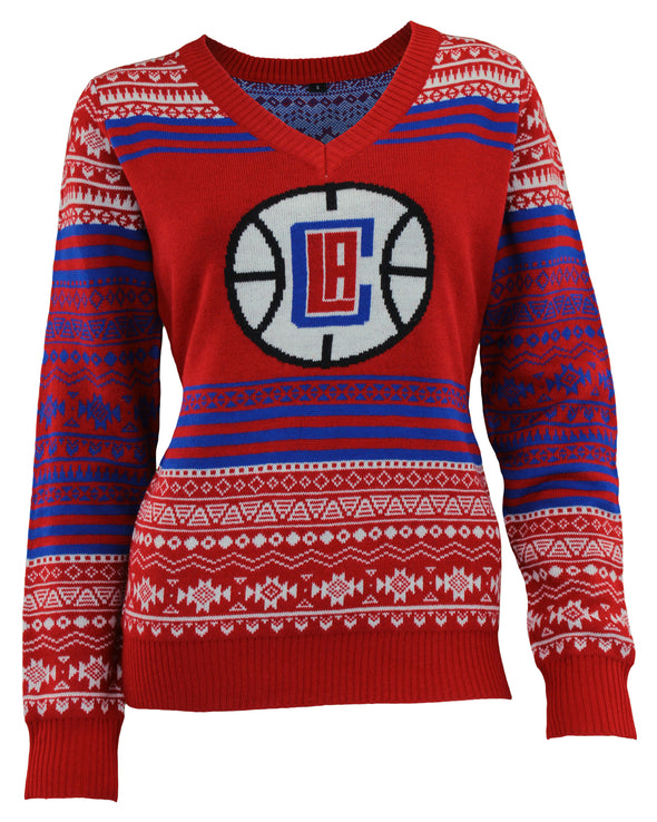 FOCO NBA Women's Los Angeles Clippers Big Logo Aztec V-Neck Sweater