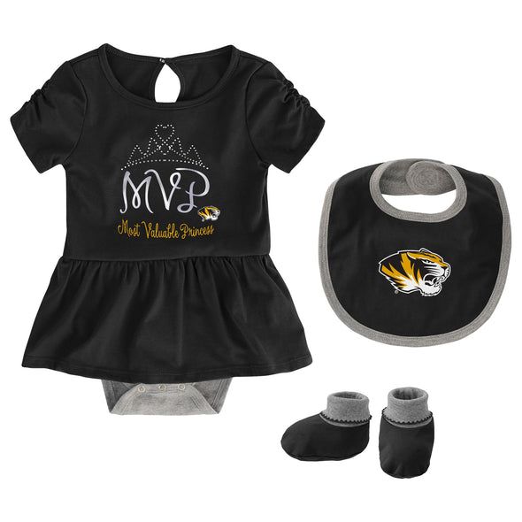 Outerstuff NCAA Infant Girls Missouri Tigers MVP Creeper, Bib & Bootie Set