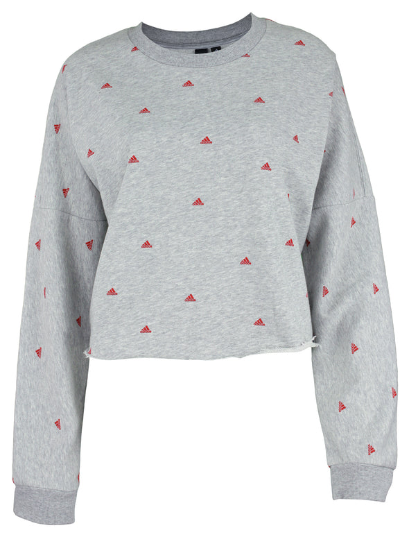 adidas Women's All Over Print Logo Crew Sweater, Medium Grey Heather