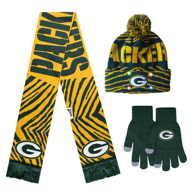 FOCO X Zubaz NFL Collab 3 Pack Glove Scarf & Hat Outdoor Winter Set, Green Bay Packers