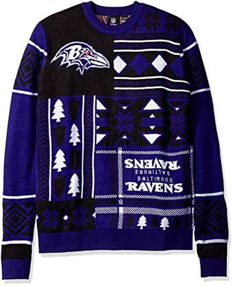 Klew NFL Men's Baltimore Ravens Patches Ugly Sweater, Black/Purple