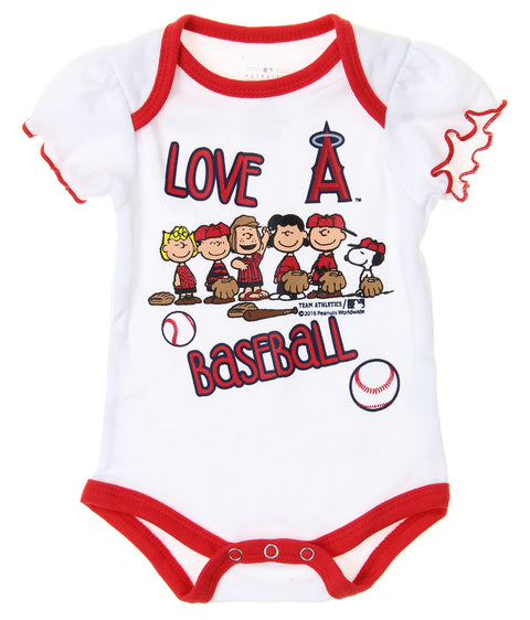 MLB Infants Los Angeles Angels of Anaheim Peanuts Love Baseball Creeper, White