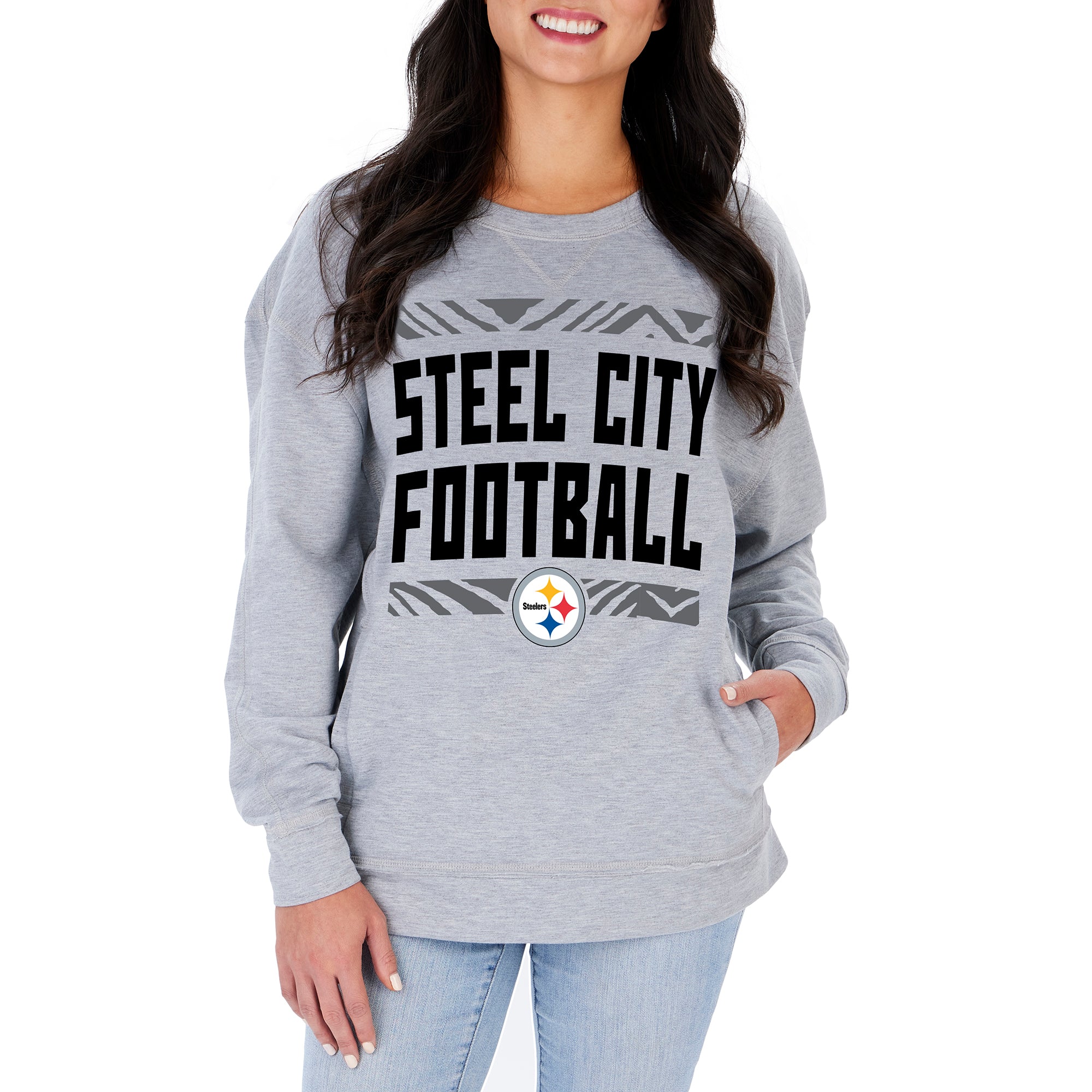 Zubaz NFL Women's Pittsburgh Steelers Heather Gray Crewneck Sweatshirt