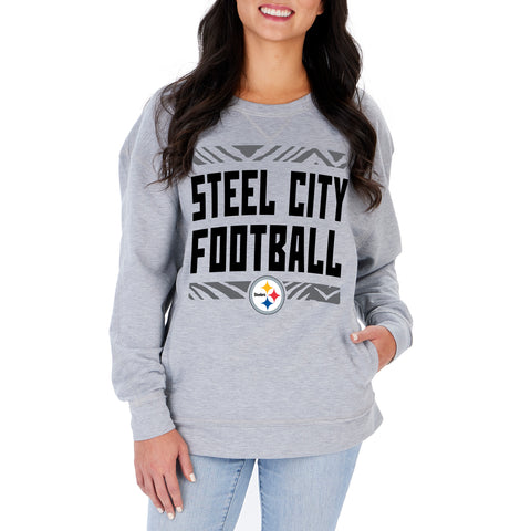 Zubaz NFL Women's Pittsburgh Steelers Heather Gray Crewneck Sweatshirt