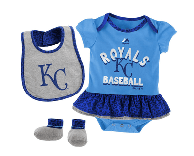 Outerstuff MLB Infant Girls Kansas City Royals Wild Card Creeper, Bib & Bootie Set