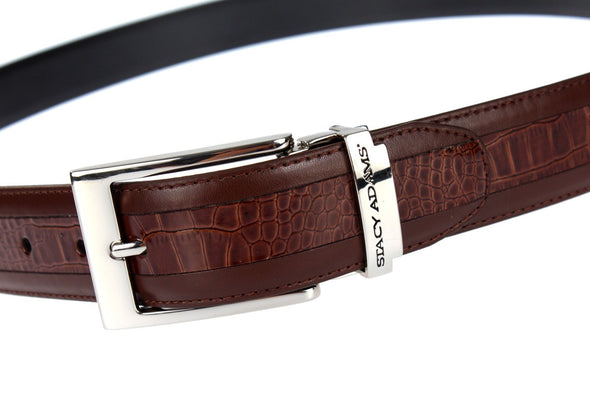 Stacy Adams Mens 6-203 Leather Belt w/ Croco Embossed Center Detail, Cognac