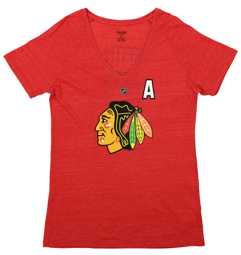Reebok NHL Womens Chicago Blackhawks Duncan Keith #2 Tri-Blend Short Sleeve V-Neck Tee, Red