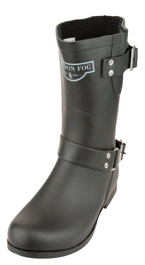 London Fog Women's Janet Waterproof Fashion Buckle Rain Boots, Black