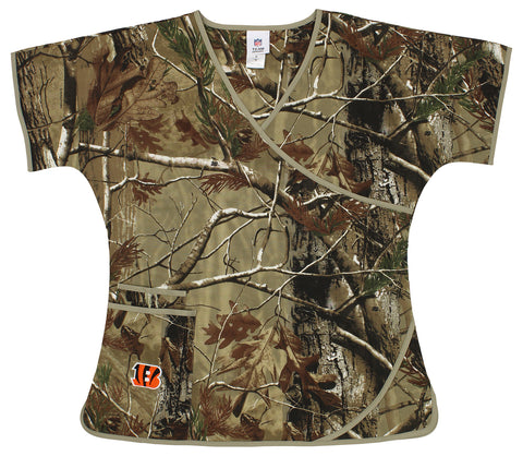 Fabrique Innovations NFL Women's Cincinnati Bengals Camo Wrap Logo Scrub Top