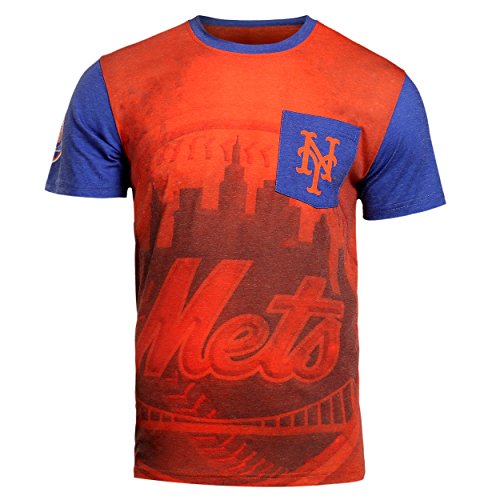 KLEW MLB Men's New York Mets Big Graphics Pocket Logo Tee T-shirt, Orange