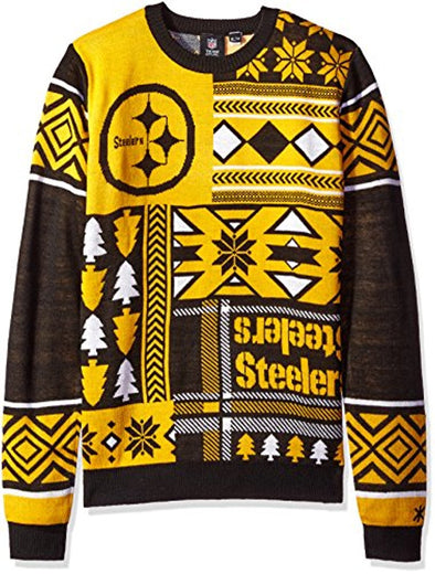 Klew NFL Men's Pittsburgh Steelers Patches Ugly Crew Neck Sweater, Black/Yellow