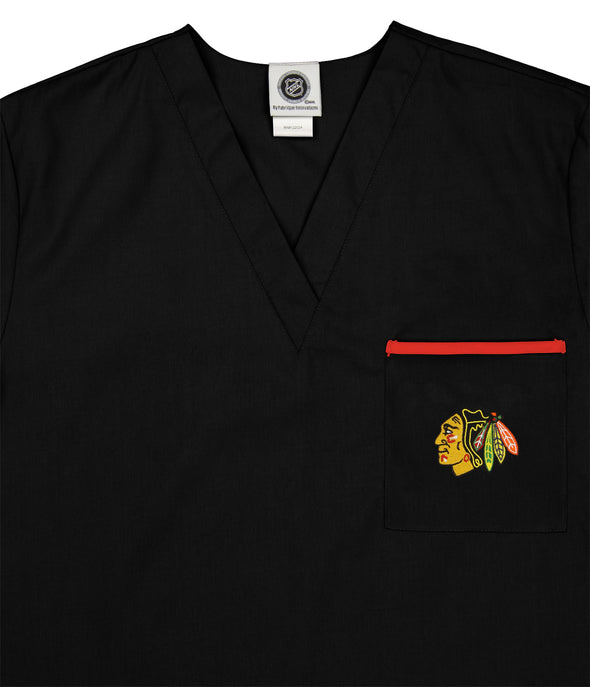 Fabrique Innovations Chicago Blackhawks NHL Unisex Team Logo Scrub Top, Black